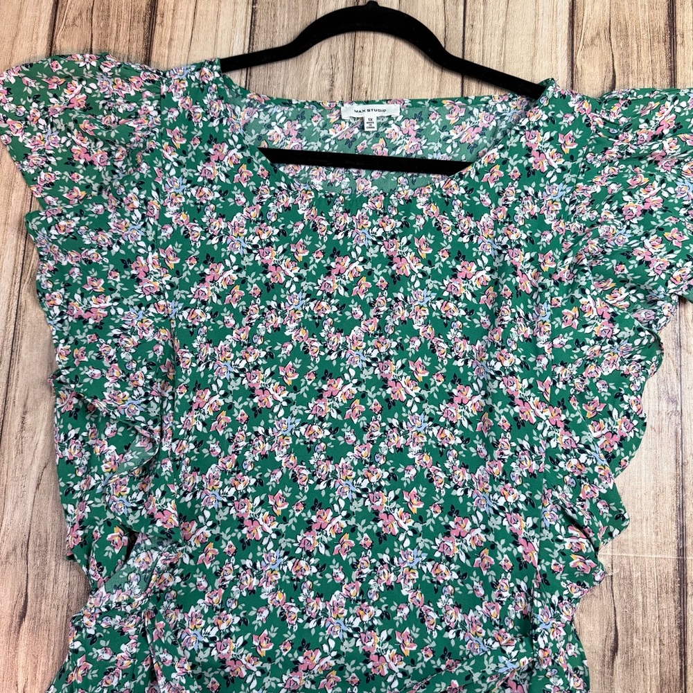 Floral Midi Dress with Ruffle Sleeves in Green and Pink